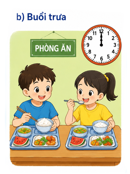 Bạn Phong và bạn Nga ăn cơm lúc mấy giờ?