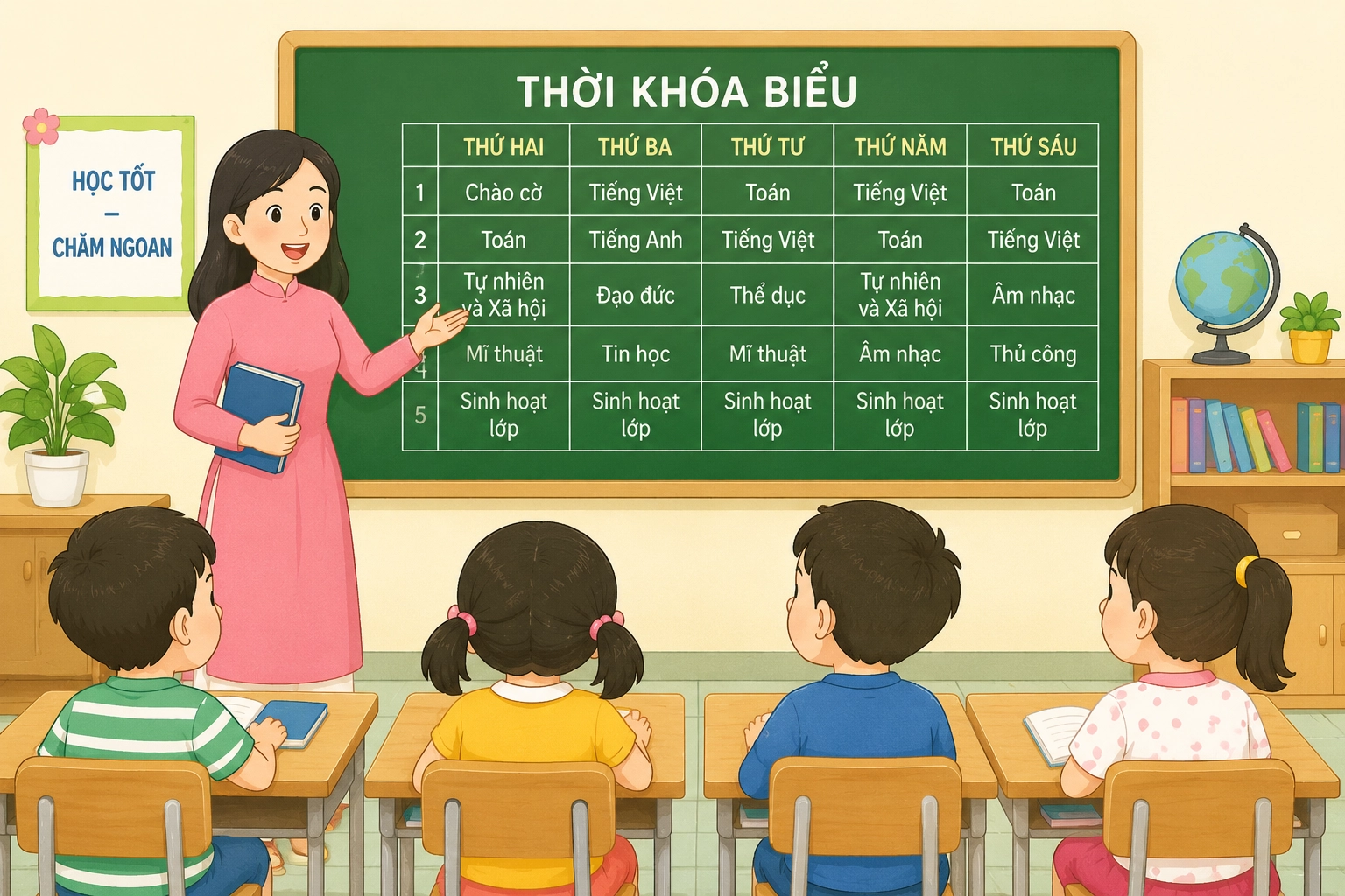 Xem thời khoá biểu và cho biết bé đi học vào các ngày nào?