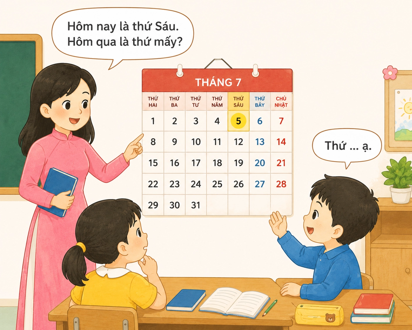 Hôm nay là thứ Sáu. Hôm qua là thứ mấy?