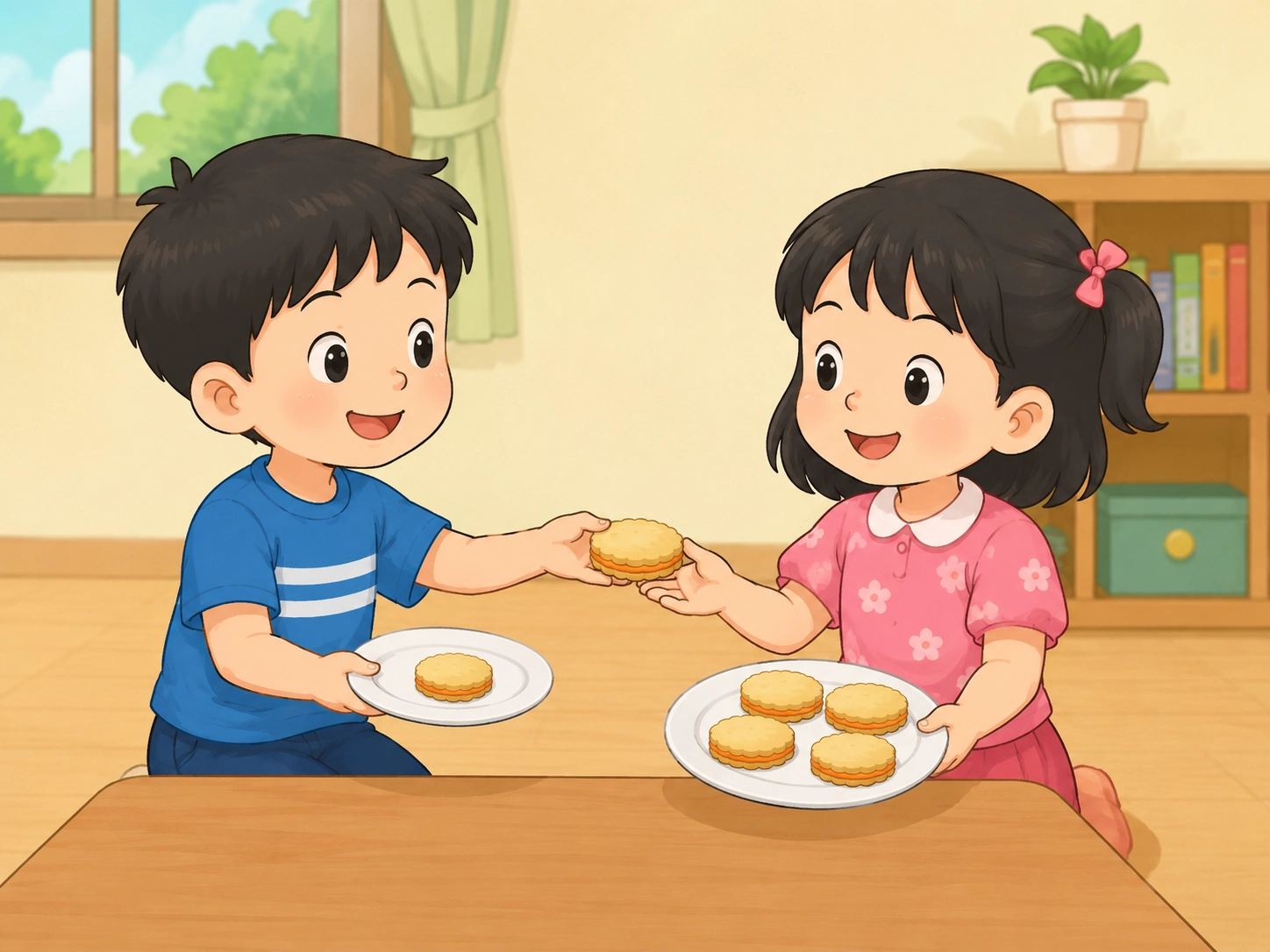 An còn 2 cái bánh nhưng no quá không ăn hết. An cho em 2 cái bánh còn lại. Vậy Nam còn mấy cái bánh?