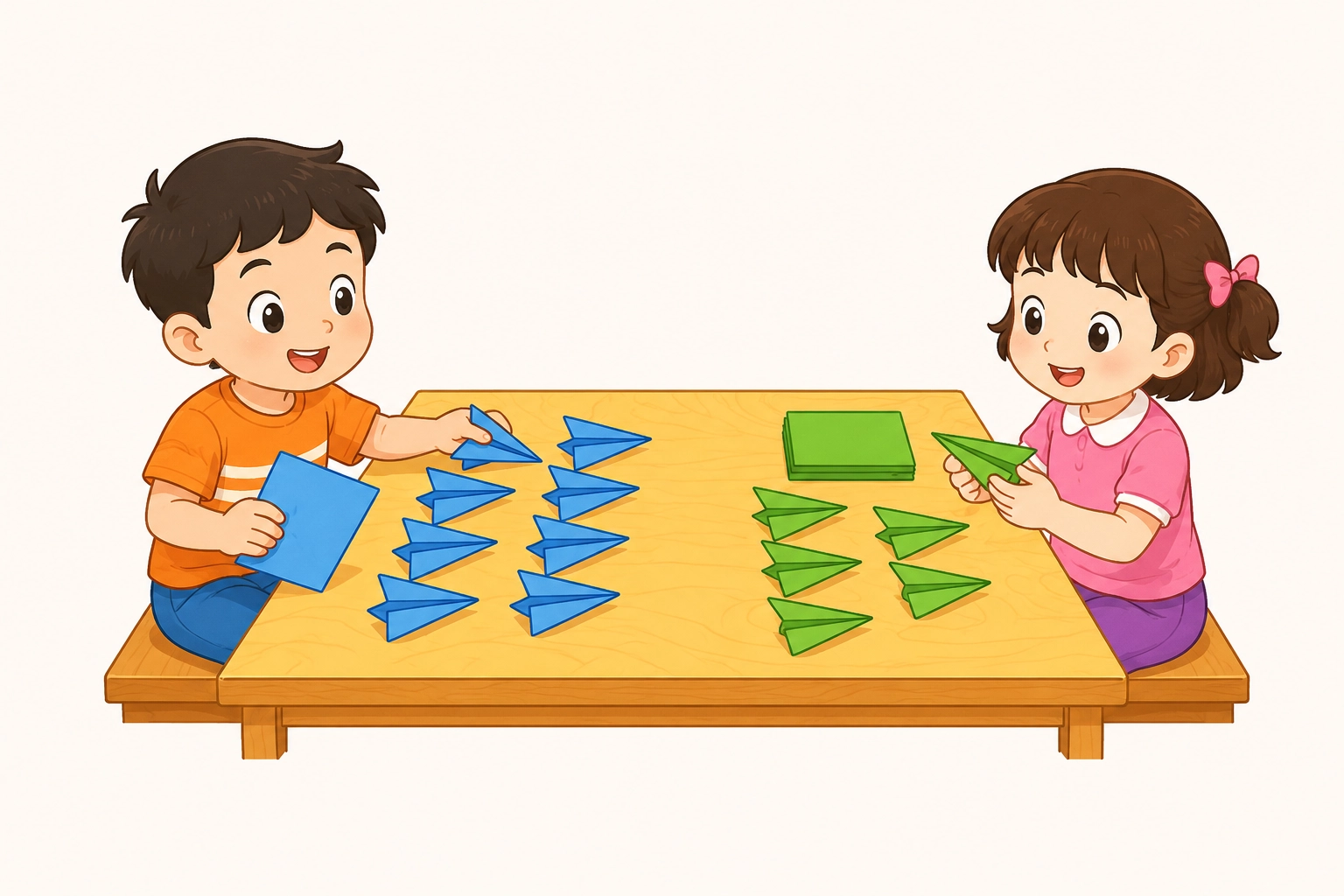 Long gấp được 8 chiếc máy bay giấy, Mai gấp được 6 chiếc máy bay giấy. Vậy Long gấp được nhiều hơn Mai mấy chiếc?