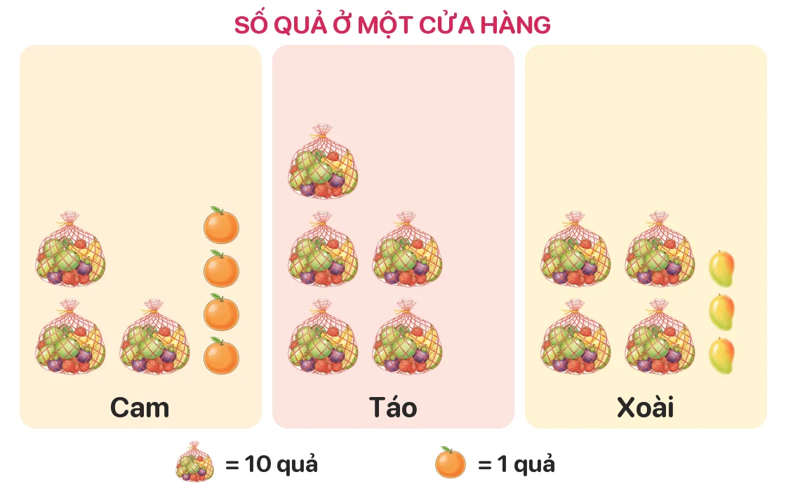 Mỗi túi là 10 quả, mỗi chấm xanh là 1 quả. Mỗi loại có bao nhiêu quả?