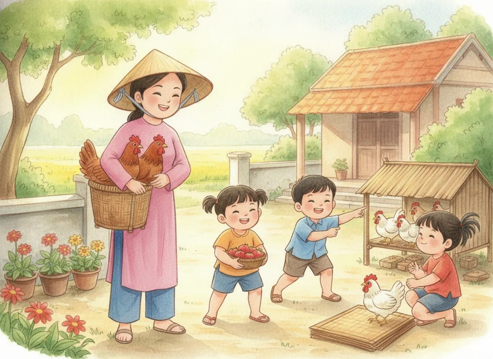Trong chuồng có 9 con gà, mẹ mua thêm 4 con gà. Hỏi trong chuồng có tất cả bao nhiêu con gà?