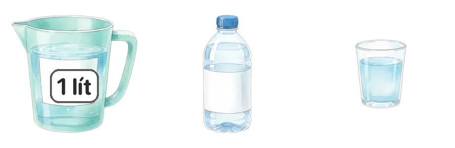 Đổ hết nước ở ca 1 lít thì được đầy một chai và một cốc. Chọn câu đúng.