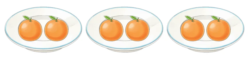 Mỗi đĩa có 2 quả cam. 3 đĩa có tất cả mấy quả cam?