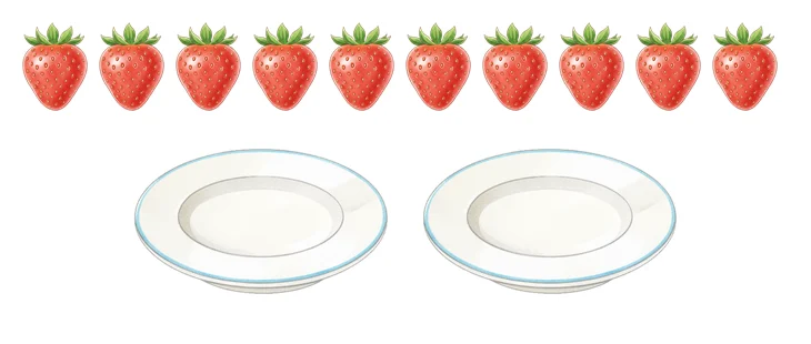 Chia đều 10 quả dâu vào 2 đĩa. Mỗi đĩa có mấy quả?
