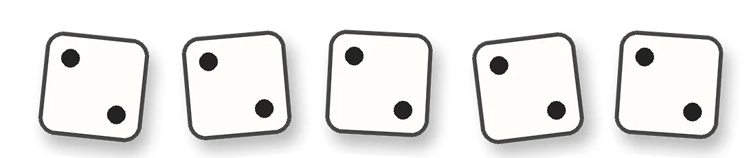 Mỗi con xúc xắc có 2 chấm. 5 con có mấy chấm?