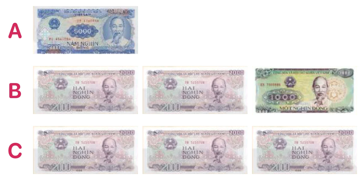 Mẹ mua chanh hết 4 000 đồng và mua hành hết 1 000 đồng. Mẹ đưa cô bán hàng 10 000 đồng. Chọn tất cả những cách cô có thể trả lại tiền thừa.