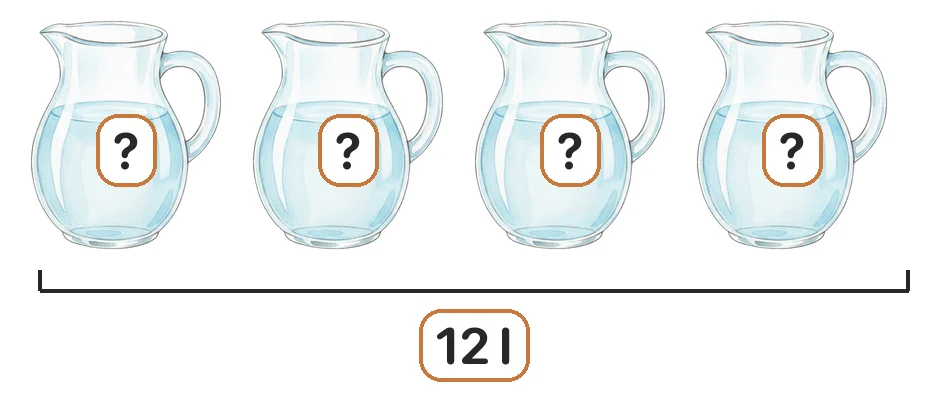 4 ca như nhau đựng tất cả 12 l nước. Hỏi mỗi ca đựng mấy lít nước?