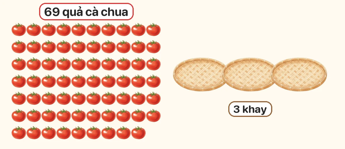 Có 69 quả cà chua chia đều vào 3 khay. Mỗi khay có bao nhiêu quả? Đặt tính rồi tính 69 : 3.