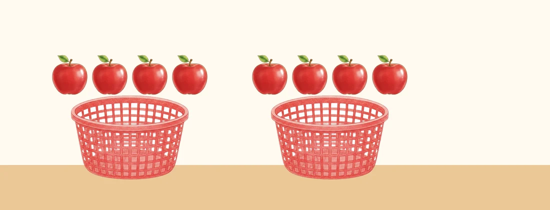 Chia đều 8 quả táo vào 2 rổ, mỗi rổ 4 quả, không thừa quả nào. 8 : 2 là phép chia gì?