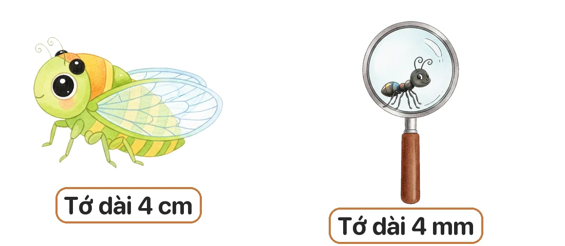 Ve sầu nói: «Tớ dài 4 cm». Kiến nói: «Tớ dài 4 mm». Bạn nào dài hơn?