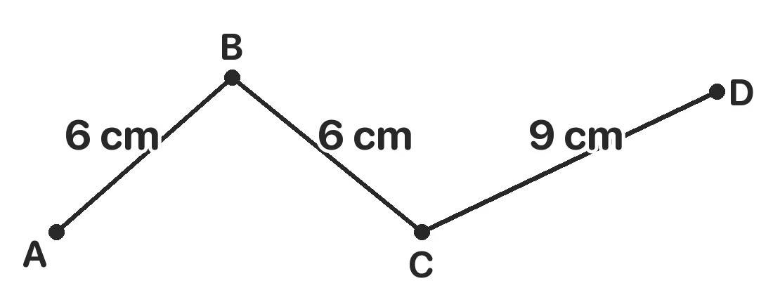 Tính độ dài đường gấp khúc ABCD: AB = 6 cm, BC = 6 cm, CD = 9 cm (ta tính 6 × 2 + 9).