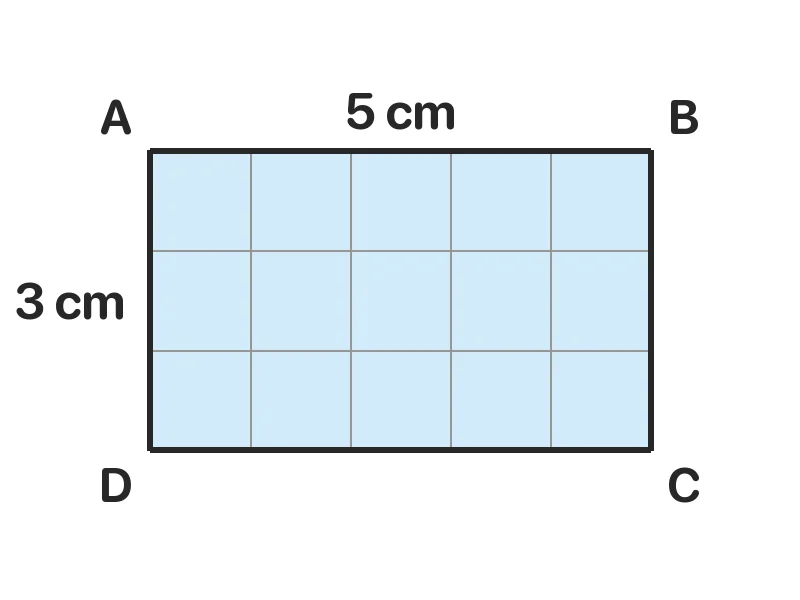 Hình chữ nhật ABCD dài 5 cm, rộng 3 cm, mỗi ô 1 cm². Diện tích hình chữ nhật ABCD là: