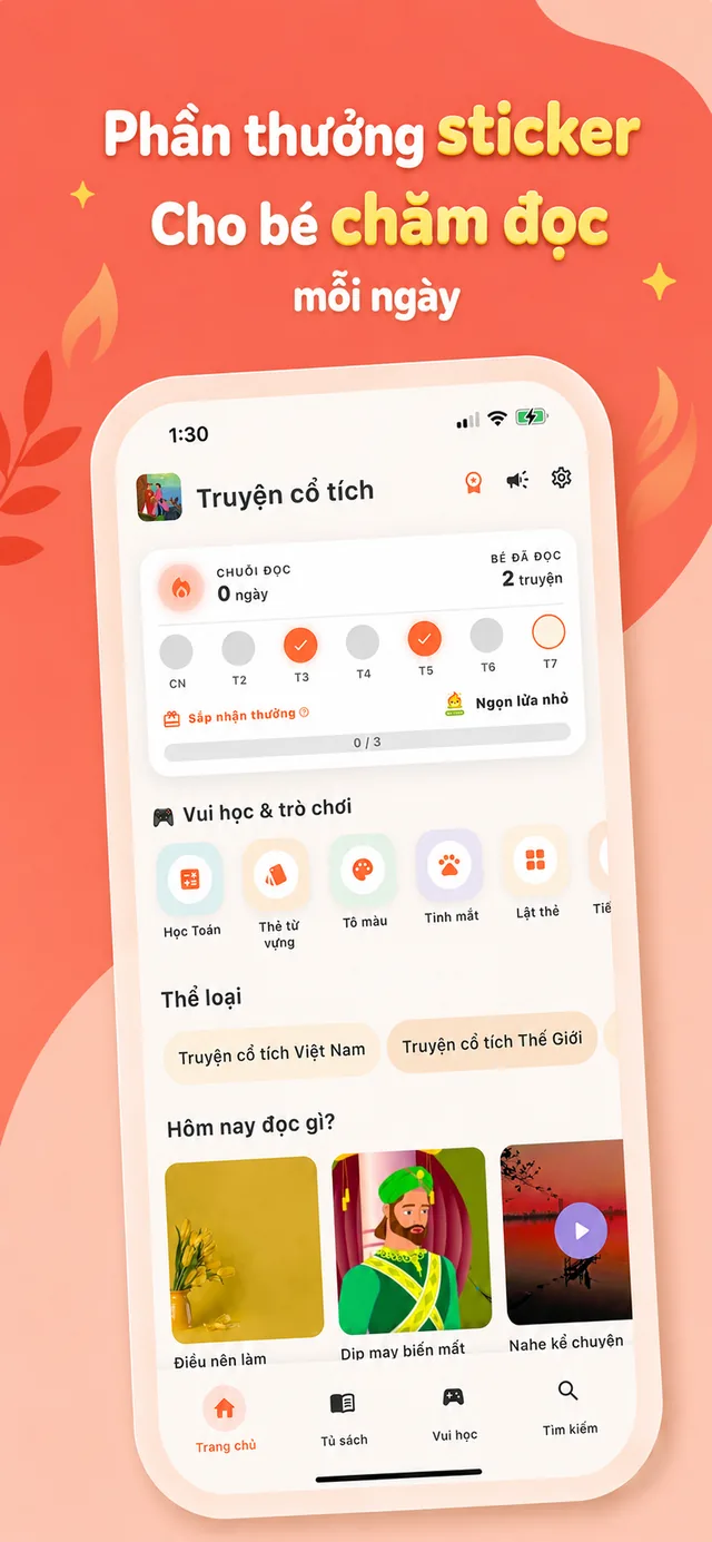Màn hình chính với chuỗi đọc và phần thưởng sticker