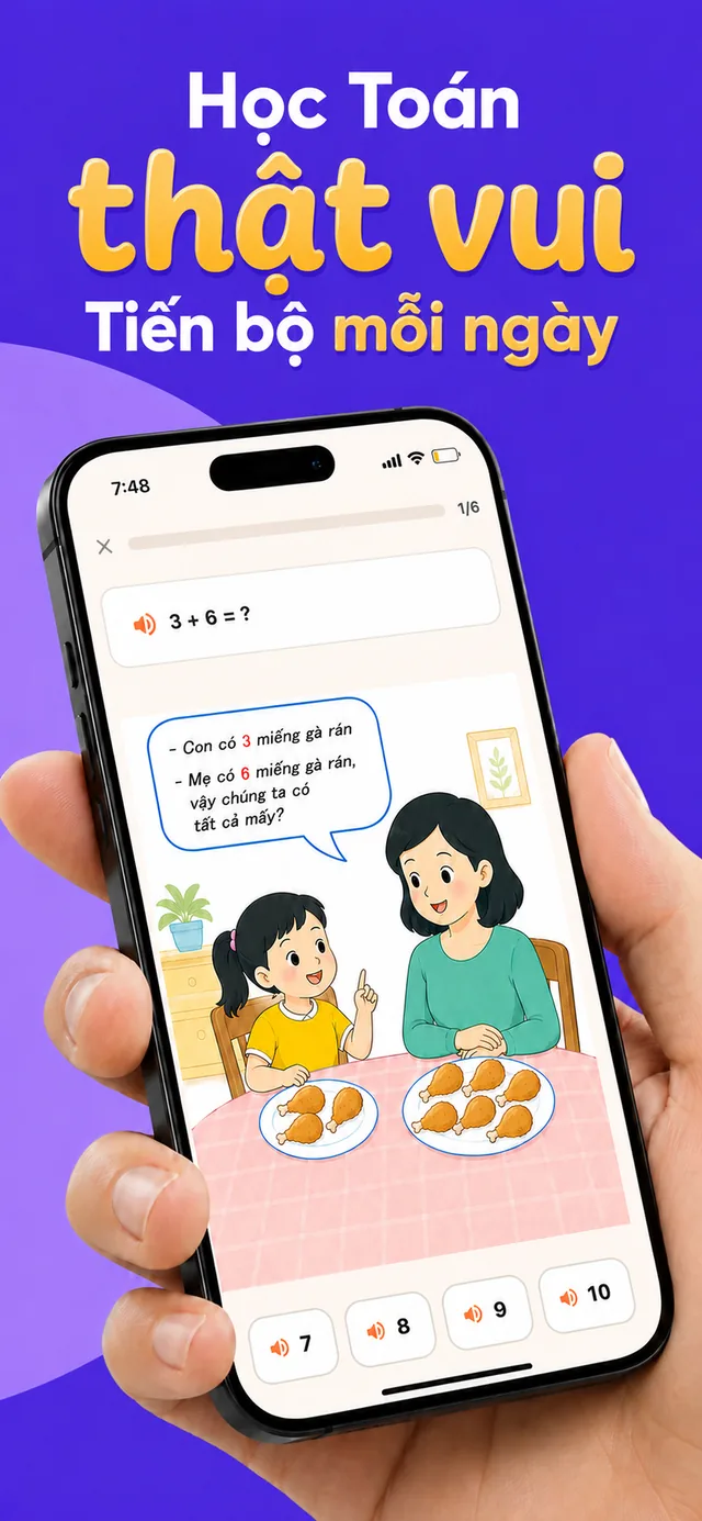 Bài toán cộng có hình minh hoạ trên điện thoại